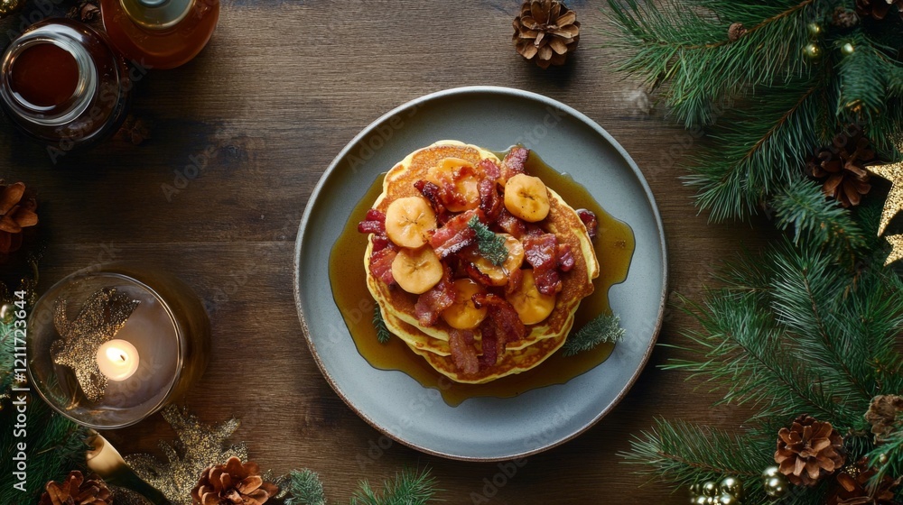 Poster A stunning overhead view of a breakfast table featuring pancakes topped with crispy bacon and maple syrup, creating a warm and inviting morning scene