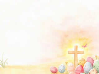 Easter eggs and a cross illuminated by a warm sunrise.