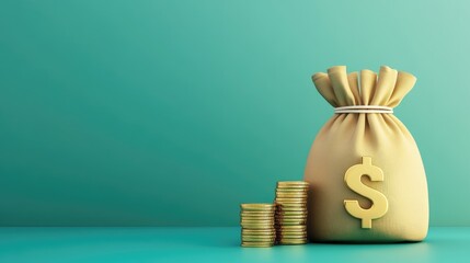 A stack of 3D gold coins next to a money bag with a dollar sign, set against a gradient green background.