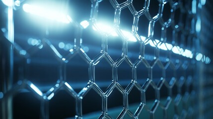 Obraz premium 3D soccer goals under stadium lights with chrome textures, zoomed in.