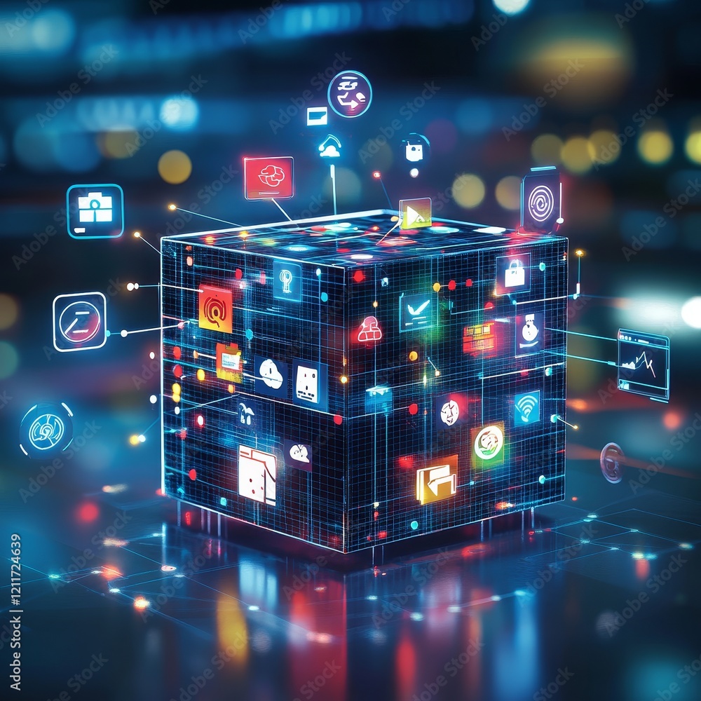 Fototapete digital cube with interconnected application icons, representing data and technology integration.