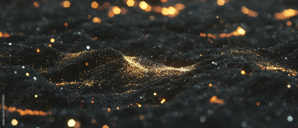 Poster volcanic landscape showcasing lava flows and sparkling golden textures under low light