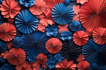 Naklejka premium Patriotic fan-shaped paper decorations create a vibrant backdrop.