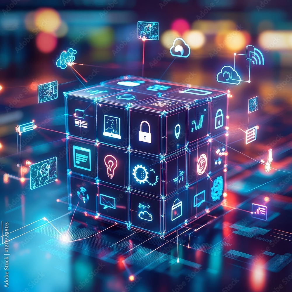 Poster futuristic digital cube with interconnected icons representing technology, data, and security.