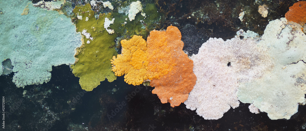 Poster Variety of colorful lichen textures displaying crusty patterns on a dark surface