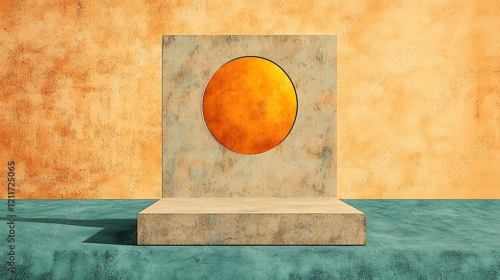 Poster abstract stone cube with golden circular cutout: minimalist 3d render of modern architectural design