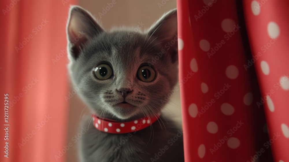 Poster a tiny kitten with soft gray fur, wearing a polka dot collar, peeking out from behind a curtain with