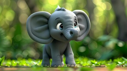 video of a cute cartoon elephant, isolated. This adorable baby elephant design is perfect for clothes, stationery, books, and merchandise, green boke nature background
