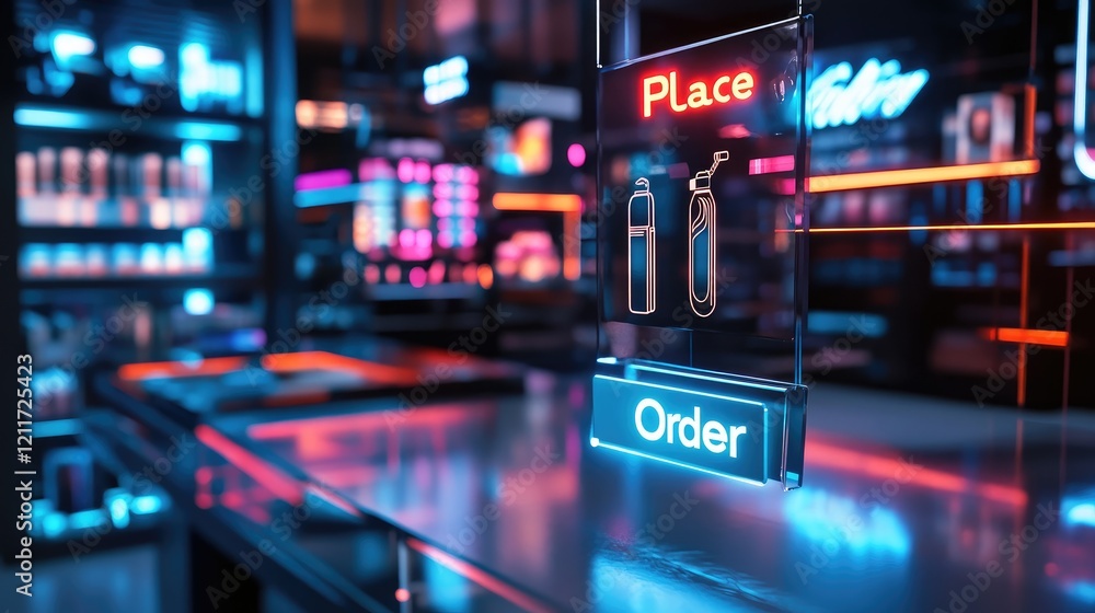 Poster creative 3d image of a virtual storefront with glowing product displays and a 