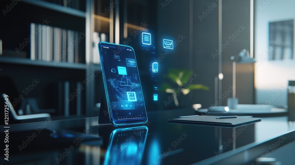Poster futuristic 3d design of a smartphone with holographic icons for online ordering floating around it, 