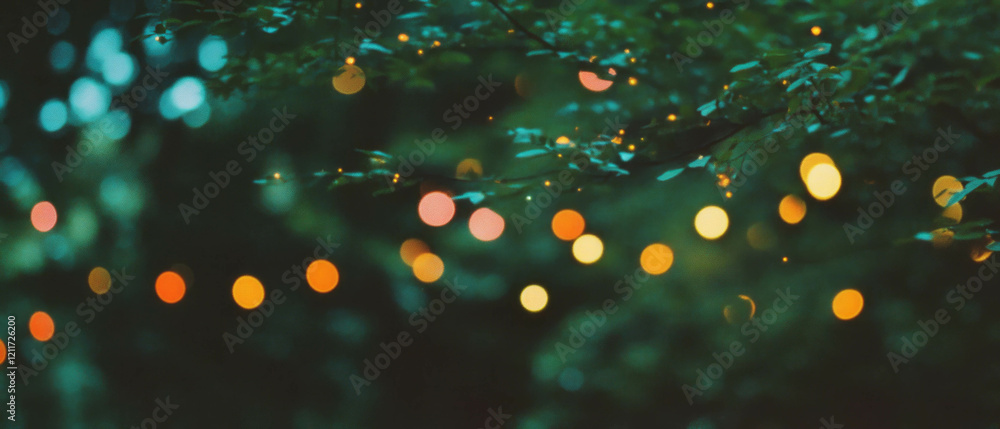 Poster luminous fireflies create a magical evening ambiance in a serene natural setting
