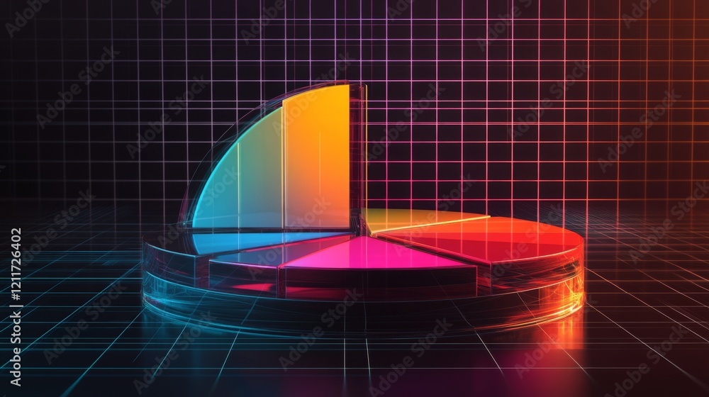 Fototapete a transparent d pie chart with sleek, colorful sections rising from a reflective platform, showcasin