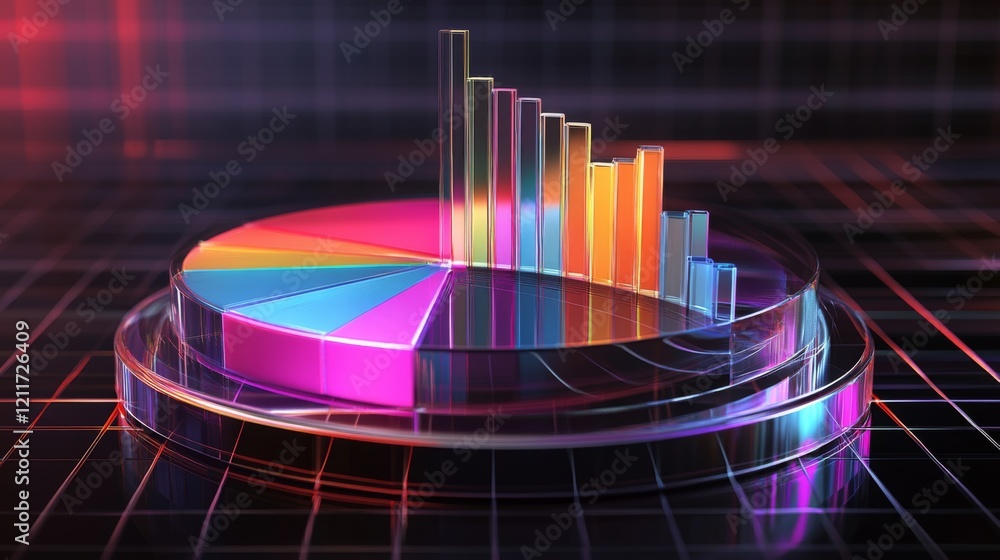 Aufkleber a transparent d pie chart with sleek, colorful sections rising from a reflective platform, showcasin