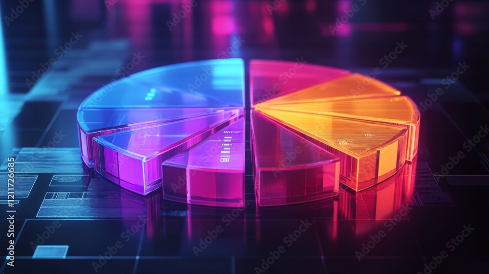 Poster a vibrant d pie chart with glass-like translucent sections, illuminated from below, each segment lab