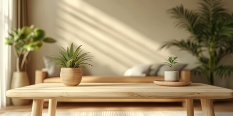 A light wooden table in a bright, modern living room featuring minimalistic decor, natural light