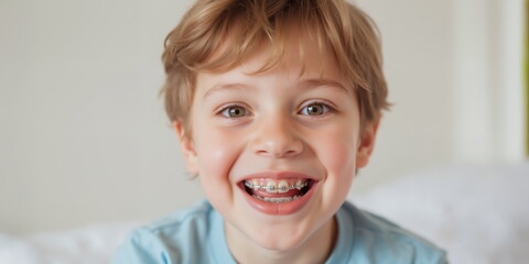 Happy young boy with braces smiling for dental care advertisement banner, orthodontic services, children's health, and other related fields.