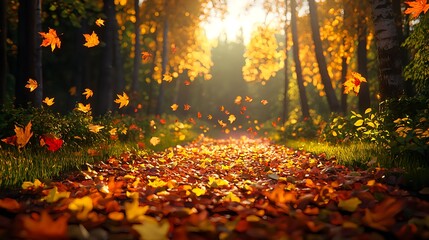 Serene Autumn Pathway with Falling Leaves and Golden Light