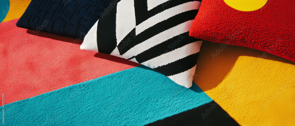 Poster Bold Memphis-inspired textiles with vibrant colors and striking patterns on display