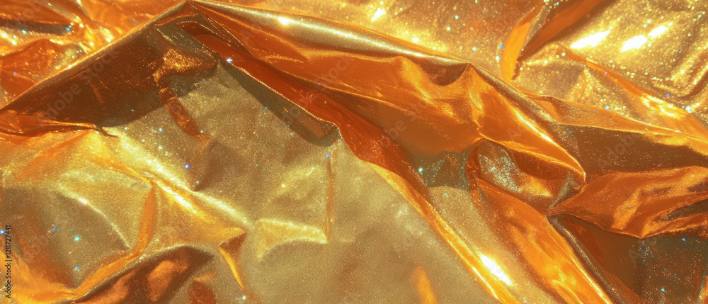 Poster Shimmering metallic fabric with crinkled texture and abstract shapes reflecting light