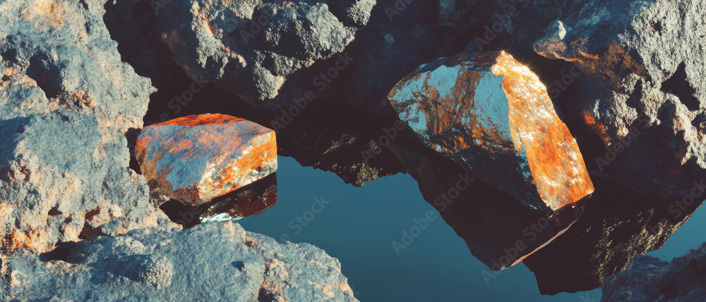 Aufkleber Exploring the intricate texture and metallic sheen of a meteorite on a rocky surface