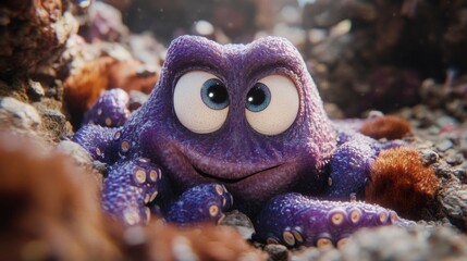 Adorable Purple Octopus Hiding Among Ocean Rocks