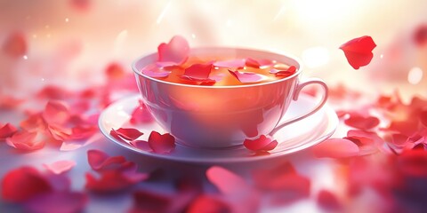 Romantic rose tea in a white cup surrounded by petals.