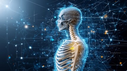 Illuminating the Mysteries of Life: A Glowing Skeleton with a Radiant Brain Showcasing the Hidden Wonders of Science and Medicine in an X-ray Style Exploration