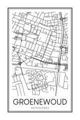 Printable downtown road map poster of the Dutch city of GROENEWOUD on solid white background with city name