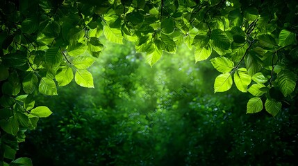 Lush Green Leaves Framing Sunlit Forest in Vibrant Nature Scene