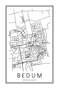 Printable downtown road map poster of the Dutch city of BEDUM on solid white background with city name
