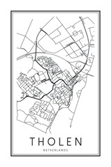 Printable downtown road map poster of the Dutch city of THOLEN on solid white background with city name