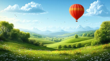 Fototapeta premium Hot air balloon floats over vibrant green hills and mountains under a bright blue sky.