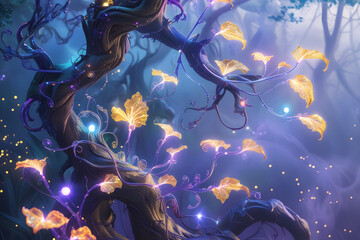 Alien flora and fauna with bioluminescent features growing alongside fantastical trees with golden leaves. 