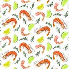 Naklejka premium Pattern with shrimps and lemons.Vector pattern with shrimps, lemons and rosemary on a transparent background.