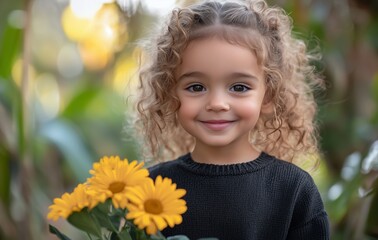 Fototapeta premium Smiling child holding yellow flowers in a vibrant outdoor setting during golden hour