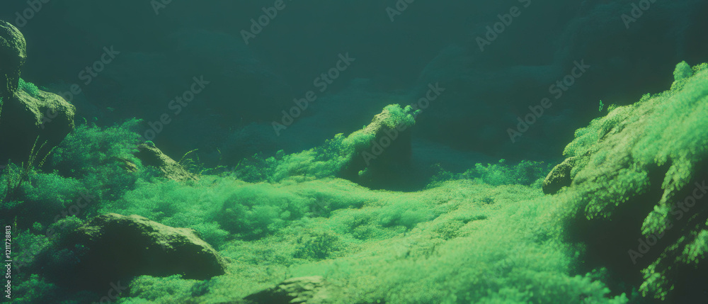 Poster deep green moss texture creating a velvety landscape in a serene underwater environment
