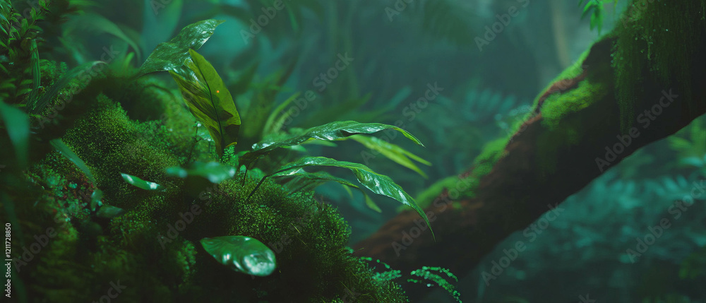Poster exploring the lush green moss and velvety textures of a serene forest environment