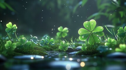 Lush Green Clovers Near a Calm Stream of Water