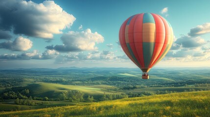 Naklejka premium Hot air balloon soaring over vibrant green hills and yellow fields under a bright, sunny sky.