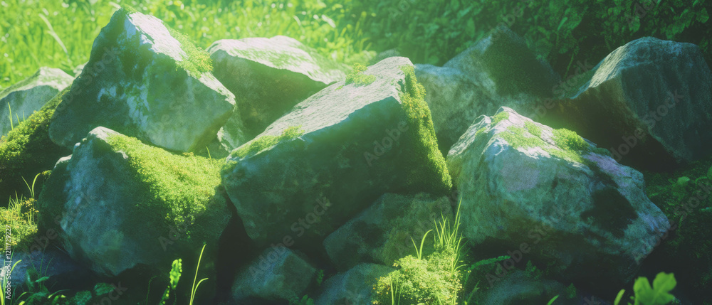 Poster moss-covered rocks create a soft green landscape in a tranquil setting
