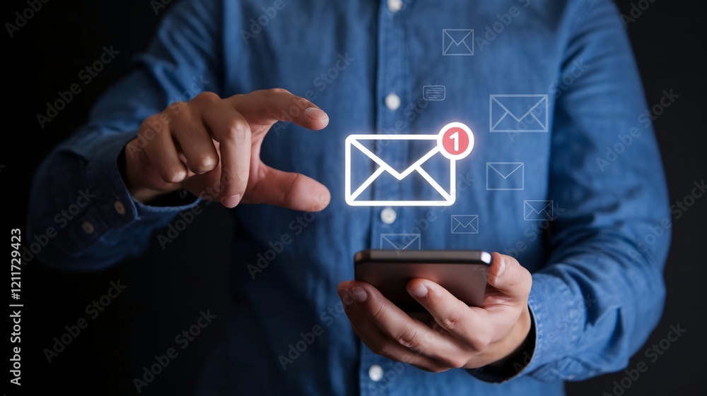Poster man checking new email notification on smartphone digital communication concept