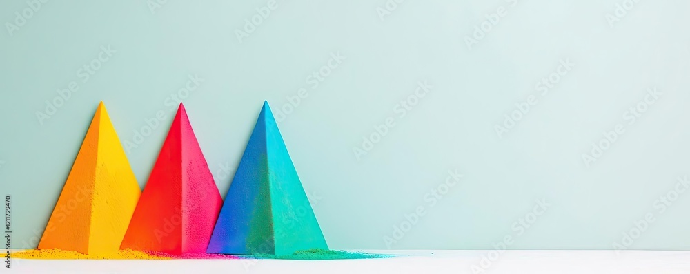 Poster rainbow holi concept. colorful paper pyramids create an eye-catching abstract design on a smooth sur