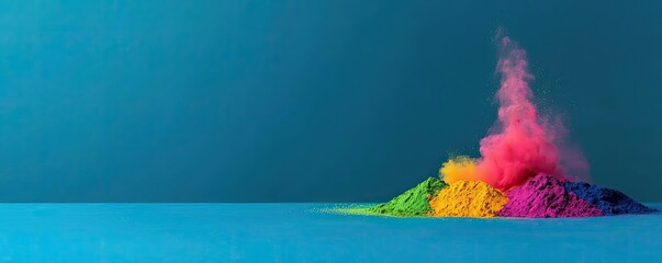 Rainbow holi concept. Vivid colorful powder eruption creating a striking visual against a blue backdrop.