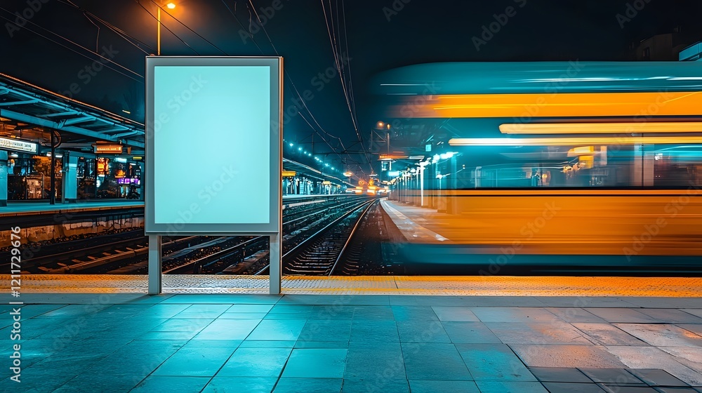 Poster blurred train motion on illuminated railway platform with poster frame
