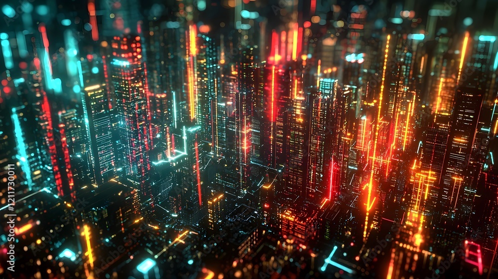 Poster glowing cityscape of advanced digital network technology and data flow