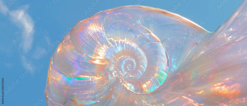 Poster exploring the intricate texture and unique spiral of a nautilus shell under a bright sky