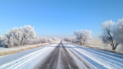 Obraz premium Frosty Trees Line a Snowy Winter Road