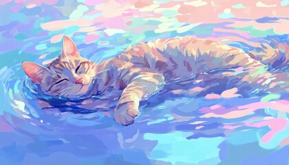 Serene Cat Floating Dreamily in Pastel Waters