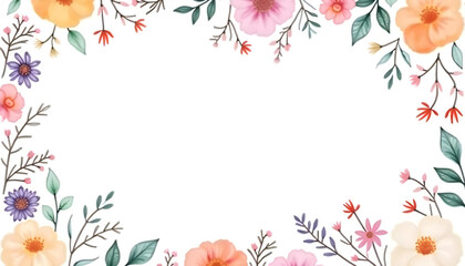 A seamless watercolor floral border with a variety of vibrant flowers and subtle greenery, designed to frame text or images on a white background