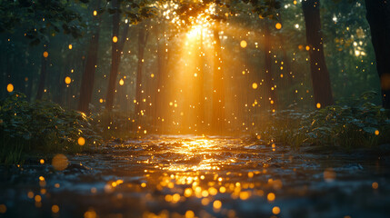 Naklejka premium Magical Forest bathed in Golden Sunlight